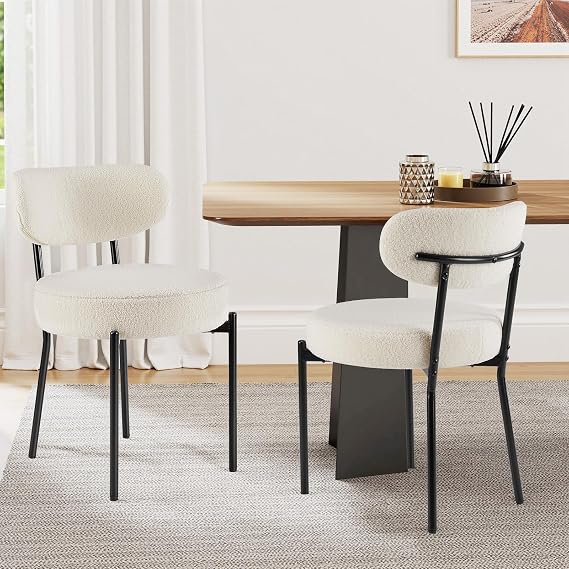 Sweetcrispy Dining Chairs Set of 2, Boucle Upholstered Modern Mid Century Round Kitchen Chairs with Curved Backrest & Metal Legs for Vanity, Living Room - Beige