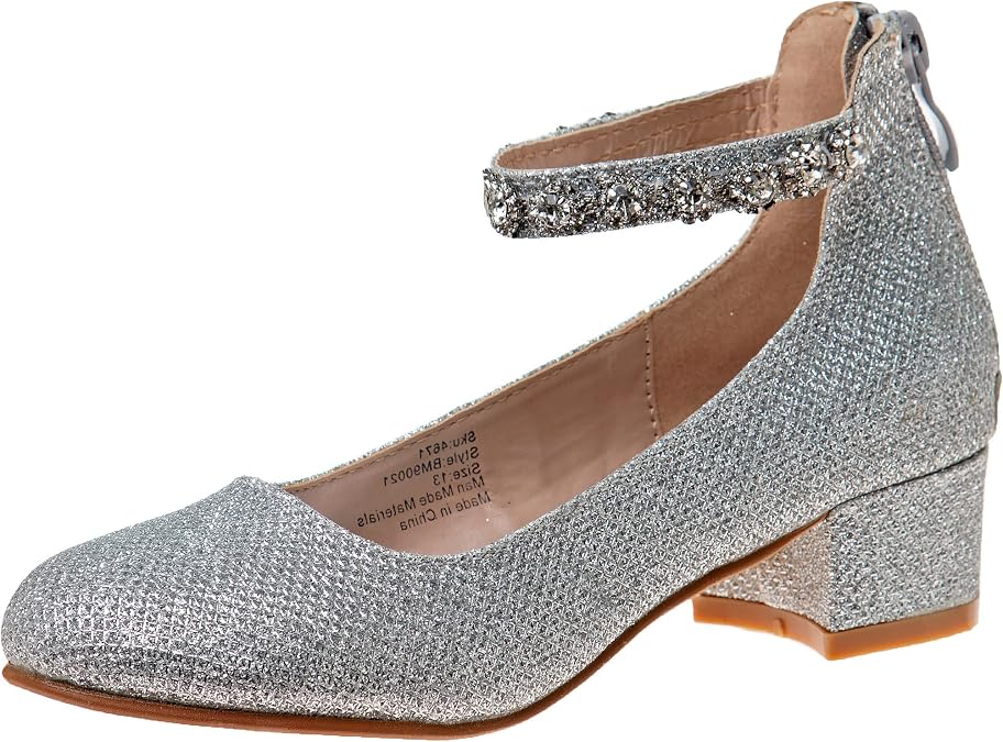 Badgley Mischka Girls Dress Block Medium Heel Party Pumps Closed Toe Ankle Strap High Heels for Girl - Black/Silver/Champagne/Rose Gold (Sizes 11-13 Little Kid/Sizes 1-5 Big Kid)