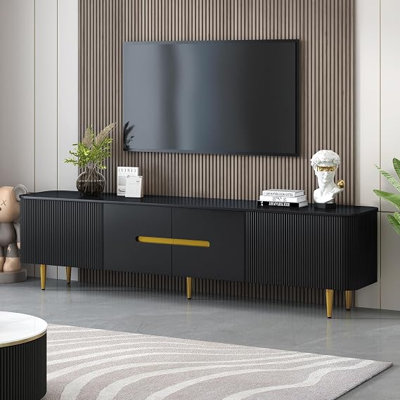 78.7'' Minimalist TV Stand for TVs up to 85 Inches, Modern Entertainment Center Media Console with 4 Spacious Cabinets for Living Room (Black-10)