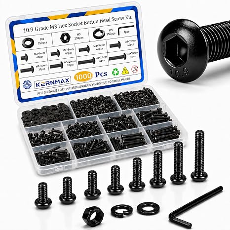1000PCS M3 Screws Assortment,M3x6/8/10/12/16/20/25/30mm Hex Socket Button Head Screws Nuts & Washers Assorted Set, 10.9 Grade Alloy Steel Black Oxide,M3 Bolts for 3D Printer,DIY