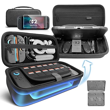 AceGamer Large Capacity Carrying Case for Nintendo Switch 2 (2025) - 3 in 1 Accessories Bundle with Screen Protectors, Game Card Holder, 12 Game Cartridges, Hard Shell Portable Travel Pouch, Grey