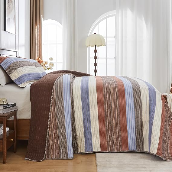 Oversized King Quilt Bedspread Coverlet 120x120, 100% Cotton | California King Bed Spreads with Pillow Shams, Soft Yarn Dyed Multicolor Striped Bedding, All Season, Rust/Brown/Beige/Blue