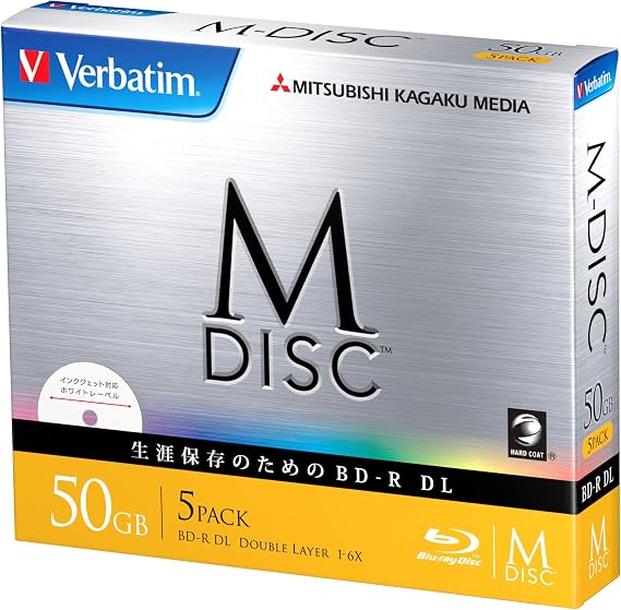 Verbatim DBR50RMDP5V1 M-DISC Long-Term Blu-ray Disc, Single Recording, BD-R DL, 50 GB, 5 Sheets, White Printable, Double-Sided, 1-6x Speed