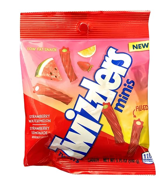 Twizzlers (1) Bag Twists Minis Filled - Strawberry Watermelon & Strawberry Lemonade Flavored Candy - Low Fat Snack 3.75 oz
