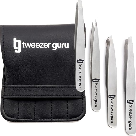 Tweezer Guru Eyebrow Tweezer Set for Women & Men - Professional Slant and Pointed Tweezers Set with Case - Precision Tweezers Kit for Facial Hair, Splinter and Ingrown Hair Removal (4 PC-W)