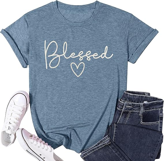 Blessed T-Shirt for Women Cute Heart Graphic Letter Print Sayings Shirts Casual Short Sleeve Thankful Tee Tops