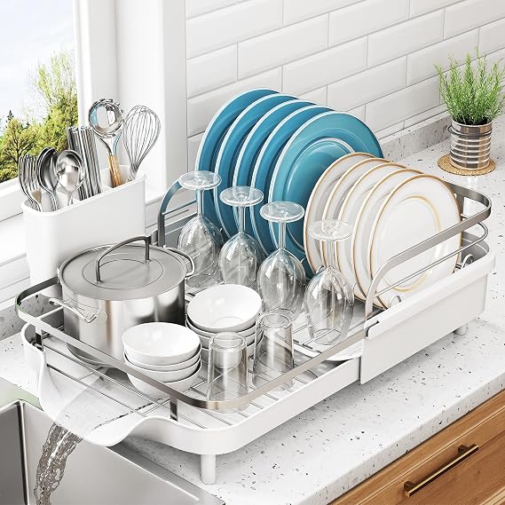 SNTD Dish Drying Rack - Expandable Dish Rack for Kitchen Counter, Stainless Steel Dish Drainer with Drainboard Set and Utensil Holder, Sink Drying Dish Strainer Rack (White)
