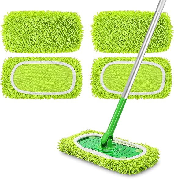 NEWE Reusable Microfiber Mop Pads Compatible with Swiffer Sweeper, 4 Pack Washable Wet Refills, Dry Sweeping Cloths for Cleaning Floors (Handle Not Included)