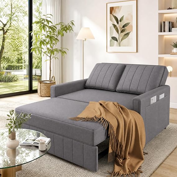 Sofa Bed Double, 2 Seater Sofa Bed with Adjustable Backrest and Stoveable Side Pockets, Pull Out Linen Sofa Beds for Living Room, 180 x 127 cm
