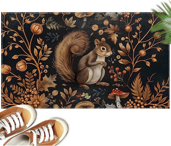 Autumn Squirrel Forest Indoor Doormat Non-Slip Welcome Mat 17x29.5 Inch, Quick Absorbent Entryway Rug, Non-Woven Fabrics Front Door Mat, Area Rug for Kitchen, Bedroom, Home, Office