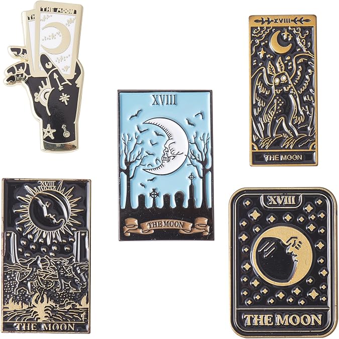 Ornaland 5 Pieces 5 Styles Enamel Pin Tarot Card Brooch Pins Set The Moon Tarot Card Pin Gunmetal Brass Brooch Divination Lapel Pins Accessory for for Jackets Clothes Hats Decorations