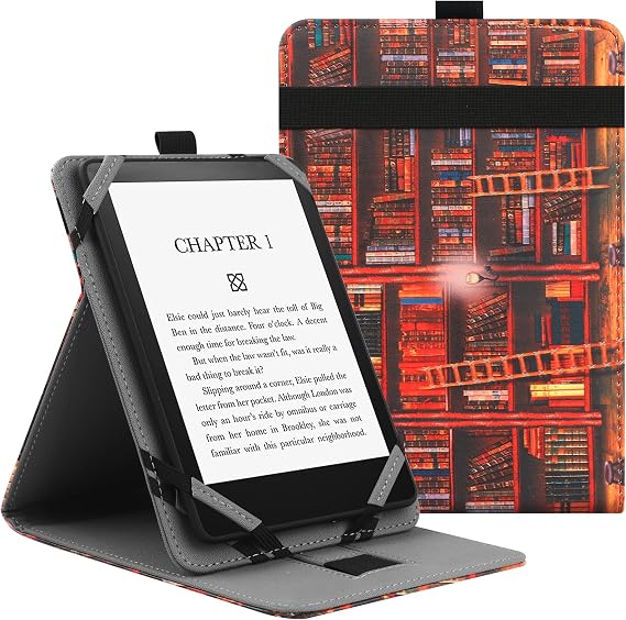 VOVIPO Universal Protective Case for 6" 6.8" 7" eReaders, Folio Stand Cover with Handstrap Compatible with Kobo/Tolino/Pocketook/Sony/paperwhite 6/6.8/7 inch ebook reader-Library