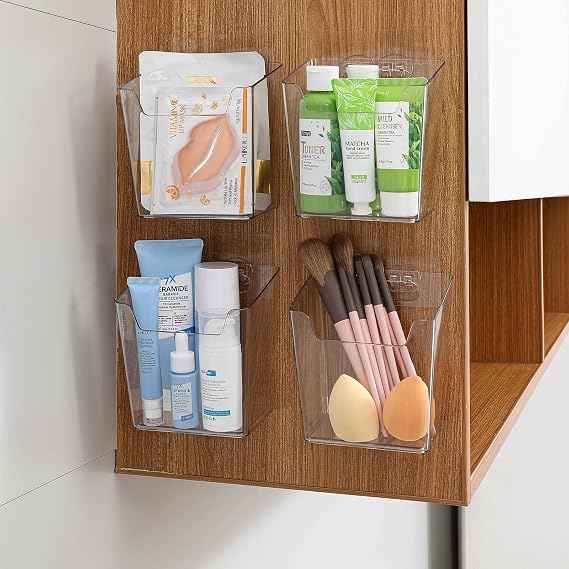 Clear Cabinet Door Organizer Bathroom, 4 Pack Hanging Makeup Storage Brush Holder, Adhesive Storage Bin Versatile Vertical Wall Mount Caddy for Pantry Office Kids' Room Small Items Organization