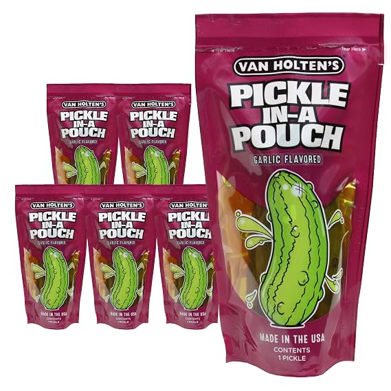 Van Holten's Jumbo Kosher Garlic Pickle-In-A-Pouch, Dill Snack, 6 Pack Box | Kosher garlic jumbo dill pickle in a resealable pouch, shelf-stable snack, gluten free, fat free, individually wrapped