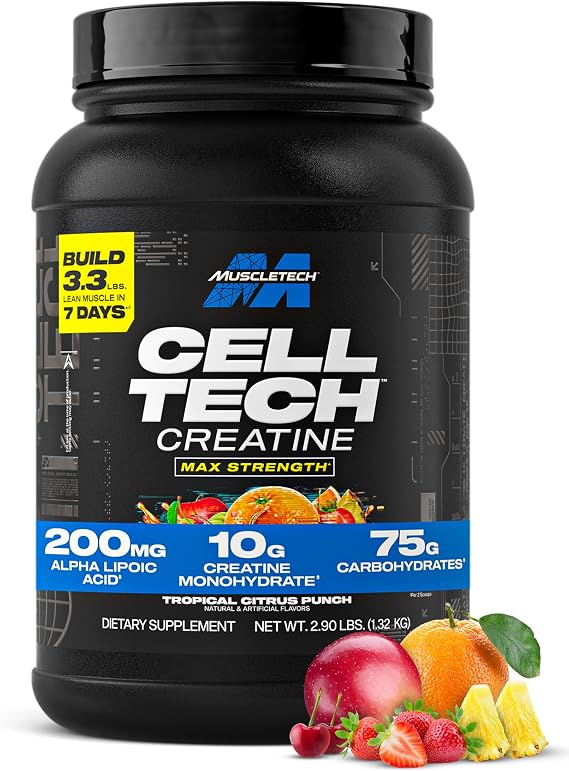 MuscleTech Creatine Monohydrate Powder - Cell-Tech Creatine Powder, 3LB | Post Workout Recovery Drink, Muscle Builder, Musclebuilding Supplement - Tropical Citrus Punch, 27 Serv, Packaging May Vary