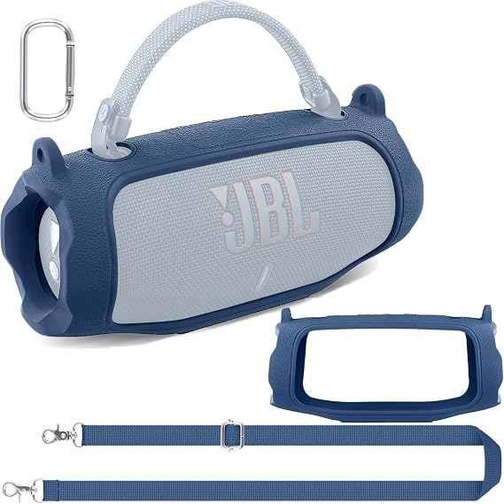 co2CREA Silicone Case for JBL Charge 6 Portable Bluetooth Speaker, Blue | Travel Soft Cover with Detachable Shoulder Strap & Carabiner, Protective Skin Case, Comfortable Carrying, Bump Protection