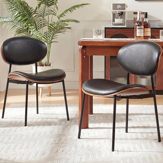 BedsPick Mid-Century Modern Dining Chairs Set of 2, PU Leather Upholstered Dining Room Chairs with Walnut Grain Back, Bentwood Kitchen Chairs with Adjustable Feetpads for Dining Room, Kitchen, Black
