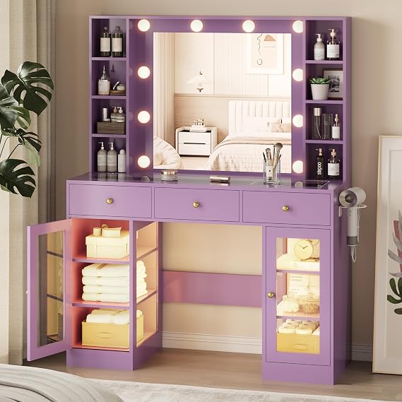 Xixini 43.3" Makeup Vanity with Mirror & Lights, RGB Glass Cabinets, Purple | Visible Glass Top, Charging Station, 3 Light Modes & Adjustable Brightness, Spacious Storage for Bedroom & Dressing Room