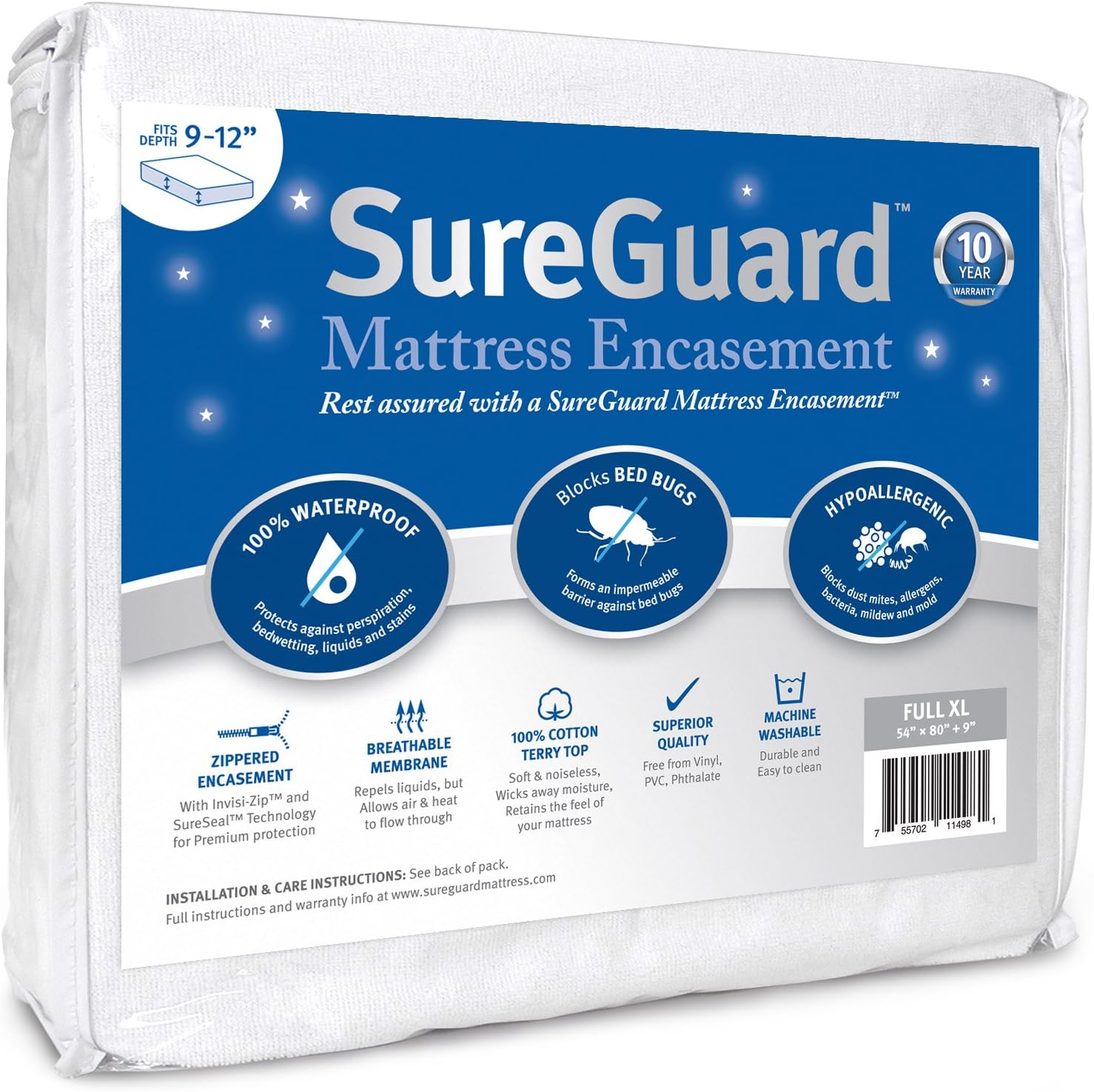 SureGuard マットレスカバー 完全防水 南京虫防止 低刺激性 高級ファスナー付き 6面型カバー Full XL ホワイト COMINHKG069442