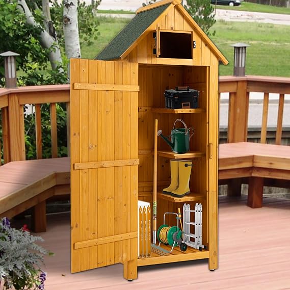 Outdoor Storage Tool Shed Cabinet, Wooden Garden Shed with Waterproof Roof and Spacious Storage Space for Courtyard, Lawn, Backyard, 30.3L X 21.3W X 70.5H (Natural)