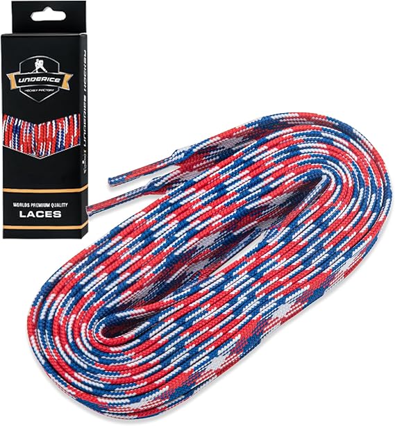 UCIE Non-Waxed Ice Hockey Skate Laces- Soft Flexible Replacement Laces for Youth & Adult Ice Hockey Skates,Blue Red Flag