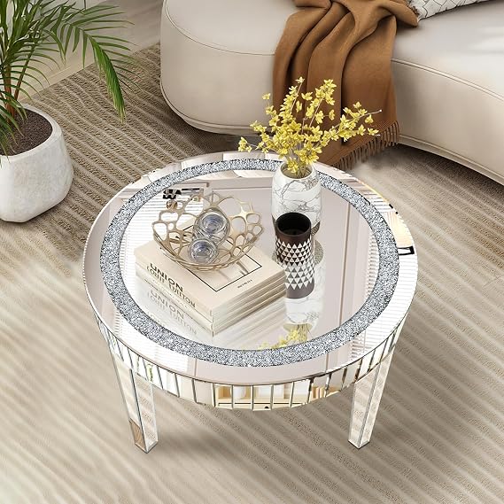 Silver Mirrored Coffee Table with Crystal Inlay, Round Glass Tea Table with Mirrored Finish, Modern Center Table for Living Room and Office (23.6" D x 23.6" W x 19.6" H)