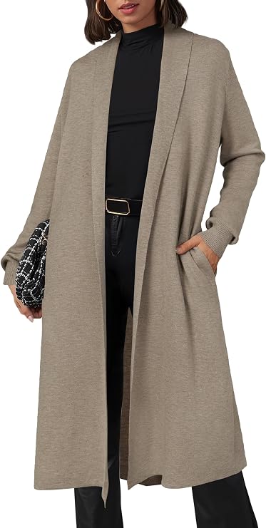 OUGES Women's Wool Blend Maxi Cardigan Open Front Oversized Long Coat Knitted Sweater 2026 Trendy Winter Outfits with Pockets