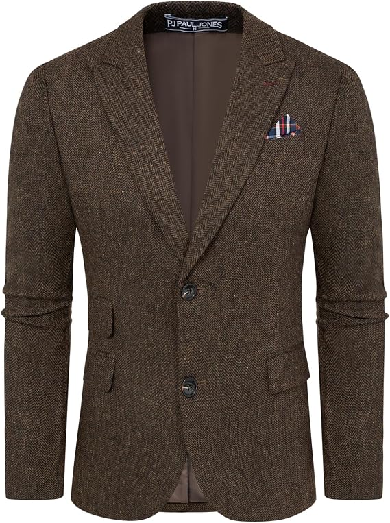 PJ PAUL JONES Mens Tweed Blazer Wool Blend Herringbone Sport Coat Jacket Houndstooth Brown Vintage Suit Jackets