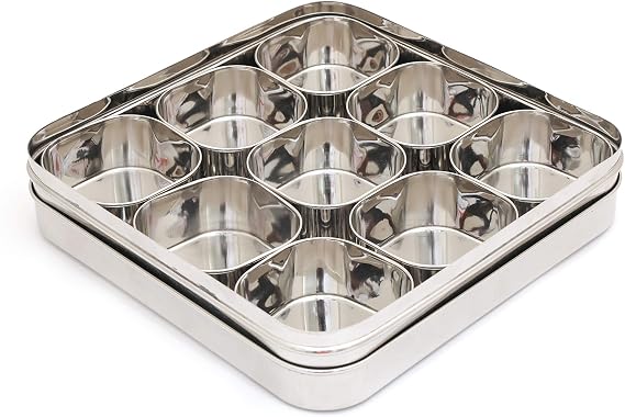 coconut Stainless Steel Square Masala Box/Spice Container/SS Lid Masala Box with 9 Bowls - Diamater - 9.7 Inches, Capacity - 180 ML Each Containers