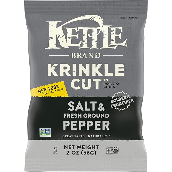 Kettle Brand Potato Chips, Krinkle Cut, Salt & Fresh Ground Pepper Kettle Chips, 2 Oz