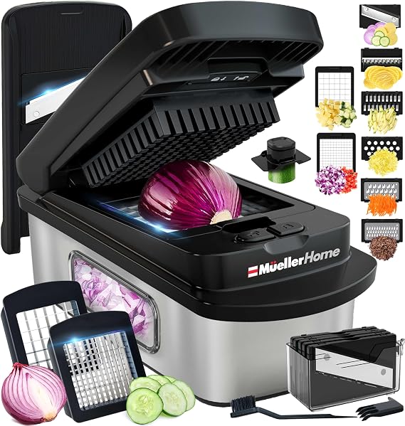 MUELLER HOME Pro-Series 10-in-1 Stainless Steel Multi Vegetable Chopper | 8 Blade Mandoline Slicer, Kitchen Tools and Gadgets, Food and Veggie Chopper, Mincer, Dicer, French Fry Cutter, Black