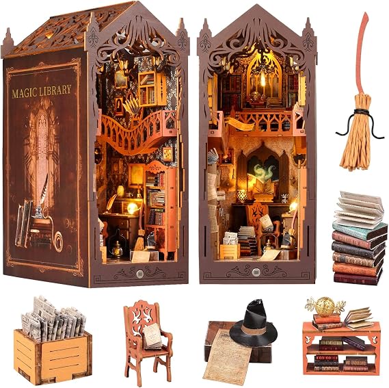 Book Nook Kit Magic Library DIY 3D Puzzle Wooden Dollhouse with LED Lights