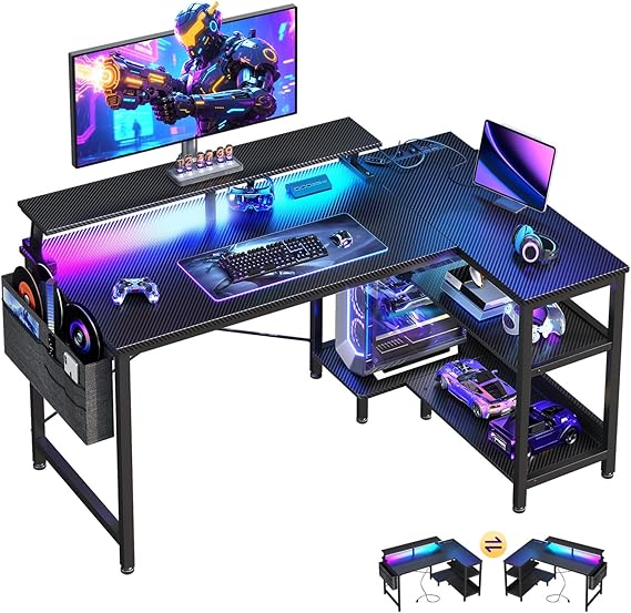 ODK 40 Inch L Shaped Gaming Desk with LED Lights, Power Outlets, Black | Adjustable Monitor Stand, Open Storage Shelves, Hanging Side Bag, PC Tower Stand, Reversible Layout for Gaming