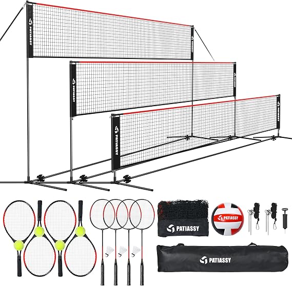 17ft Portable Badminton Net, Volleyball Net, Tennis Net - Indoor Outdoor Adjustable Height Sports Net with Poles, 3 in 1 Combo Net Set with Carrying Bag, Rackets and Balls
