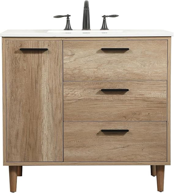 36 Single Bathroom Vanity, with Engineered Marble Top Soft-Close, Natural Oak