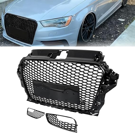 RS3 Style Front Bumper Grille Assembly Gloss Black w/Fog Light Lamp Cover Fit for Audi A3 S3 8V 2014-2016