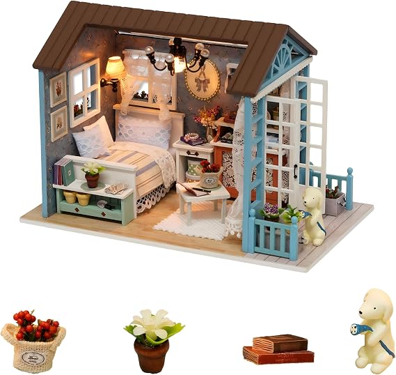 DIY Dollhouse Miniature, 3D Wooden Craft Wooden Puzzle, with LED Lights, Dust Cover, 3D Hands Craft for Adults/Teens Perfect for Gifts or Decorations(Blue)