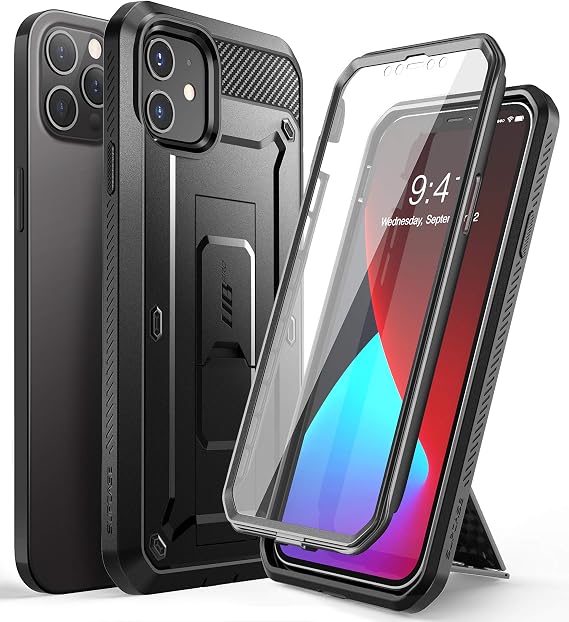 SUPCASE for iPhone 12/12 Pro Case (6.1 inch) with Screen Protector, Black | Built-in Kickstand, 360 Rotating Belt Clip, Full-Body Rugged Holster Case, Military-Grade Protection, Unicorn Beetle Pro