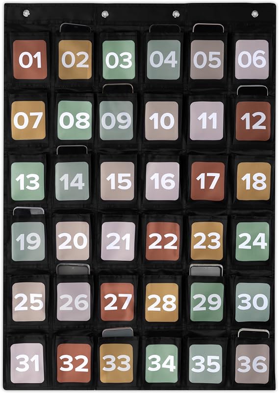 Premium Cell Phone Holder for Classroom - Durable Pocket Chart with 36 Numbered Slots & Hooks - The Perfect Hanging Chart for Phones, Calculators and Headphones Fits Nicely with Any School Decor