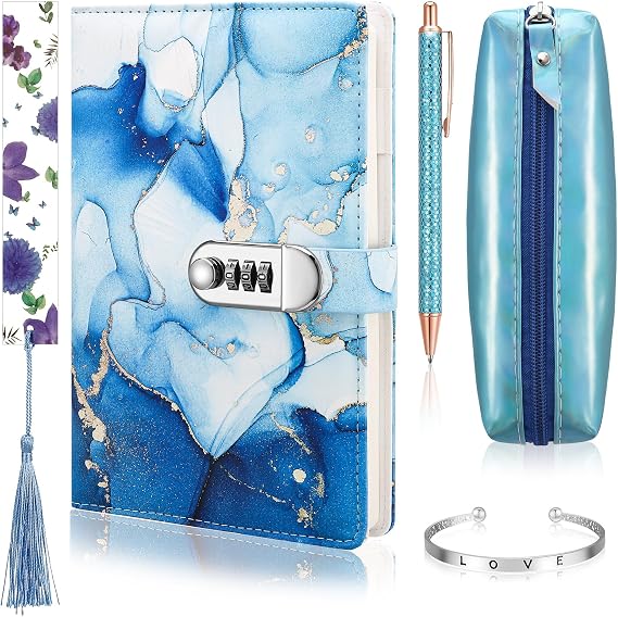 Secret Diary with Lock, Journal Notebook Set with Pen, Bookmark, Pencil Case, and Bracelets - Gifts for Ages 6-12