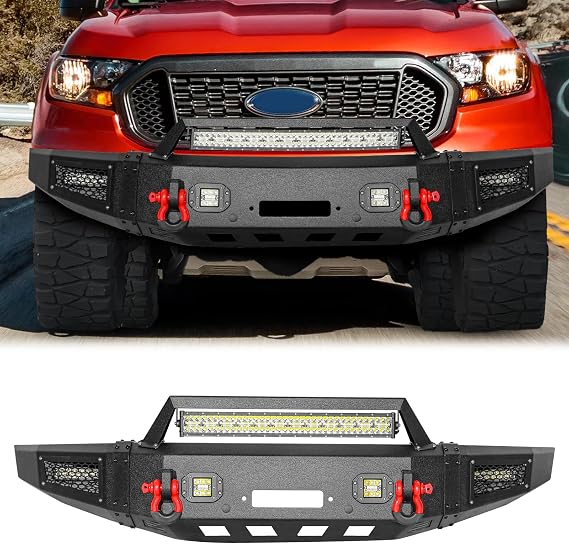 Front Bumper Compatible with 2019 2020 2021 2023 2024 Ford Ranger, Front Bumper Texture Black with LED Light Bar and Winch Plate Mount