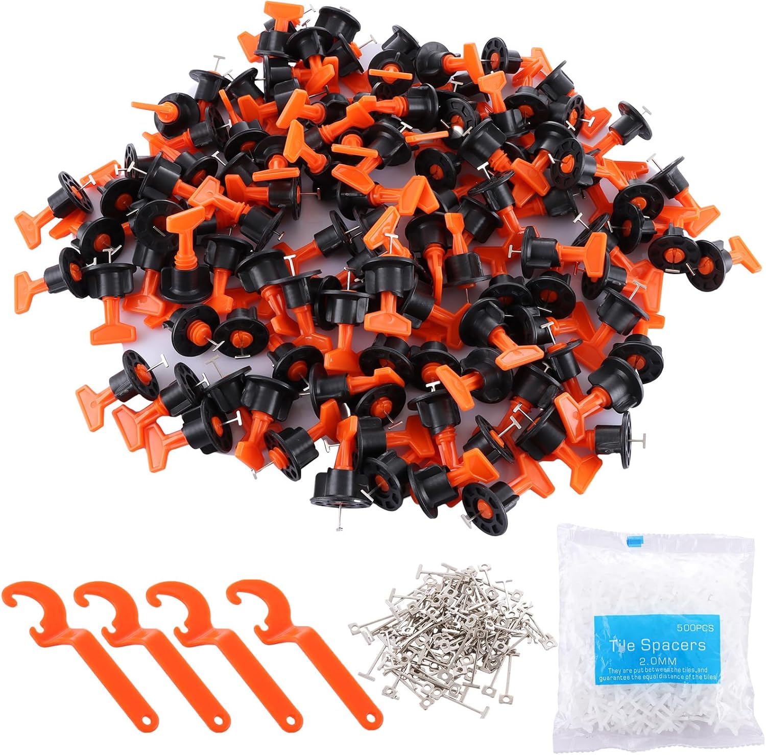 Tile Leveling System, 200Pcs Tile Leveler Spacers with 4 Special Wrench, 500Pcs 2mm 112" Spacers, 100Pcs T Needles, Tiles Installation Tool Kit for Wall Floor Building