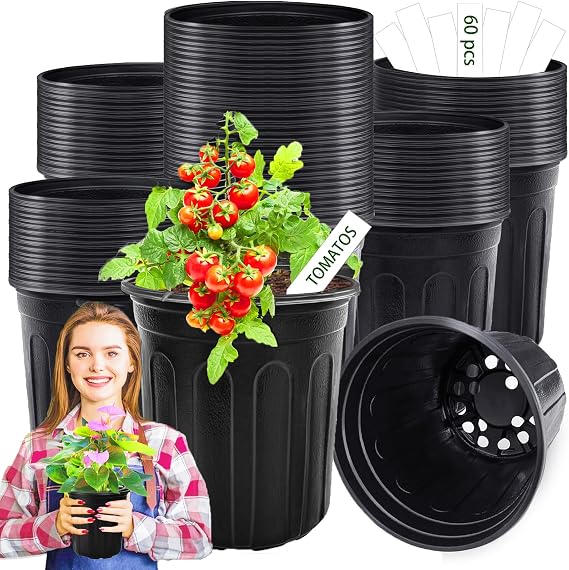 60 Pcs 1 Gallon Flexible Plant Nursery Pots,Plastic Thickened Soft Seedling Pot with Plant Labels,Flower Seed Starting Containers for Succulents,Transplanting,Indoor Outdoor,Black
