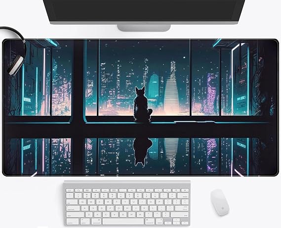 Mechanical Cattle Desk Mat, City Cat Rider, Rubber, XXL Mouse Pad with Smooth Lycra Surface, 31.5x15.75 inch, Black Decorative Esthetics Desktop Mat