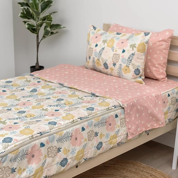 Beddy's All-in-One Flower Blossoms Zipper Bedding Set for Kids - Toddler | Smooth-Glide Zippers, Easy To Make & Wash, Soft Durable Fabric, Pink Floral Interior, Includes Pillowcase & Sham