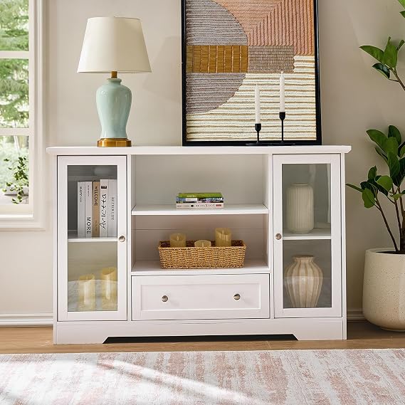 Sideboard Buffet Cabinet - White 51" Kitchen Cabinet with Drawers - 2-Door Storage Console Table, Coffee Bar & Buffet Sideboard with Adjustable Shelves for Kitchen, Living Room, Farmhouse