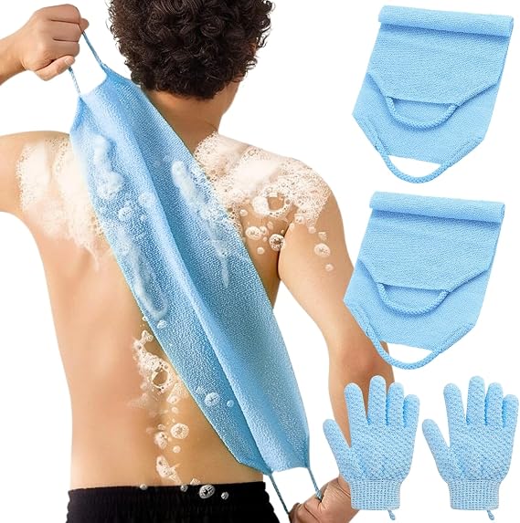 Bath Sets, 2Pcs Exfoliating Glove and 2Pcs Body Scrubber, Back Scrubbers for Use in Shower, Exfoliating Mitt and Exfoliating Towel for Body, Face, Shower, Bath and Deep Cleansing (Blue)