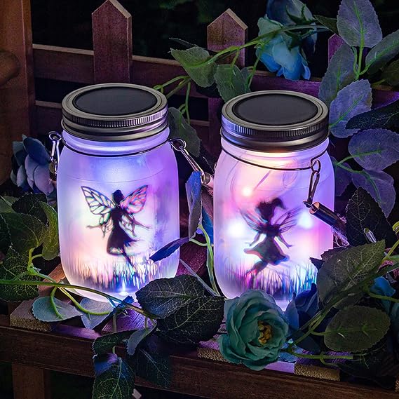 2 Pack Solar Fairy Jar Lanterns, Multicolored | Hanging Glass Mason Jar, Waterproof, For Garden, Patio, Table, Balcony, Lawn & Outdoor Decor [Energy Class G]