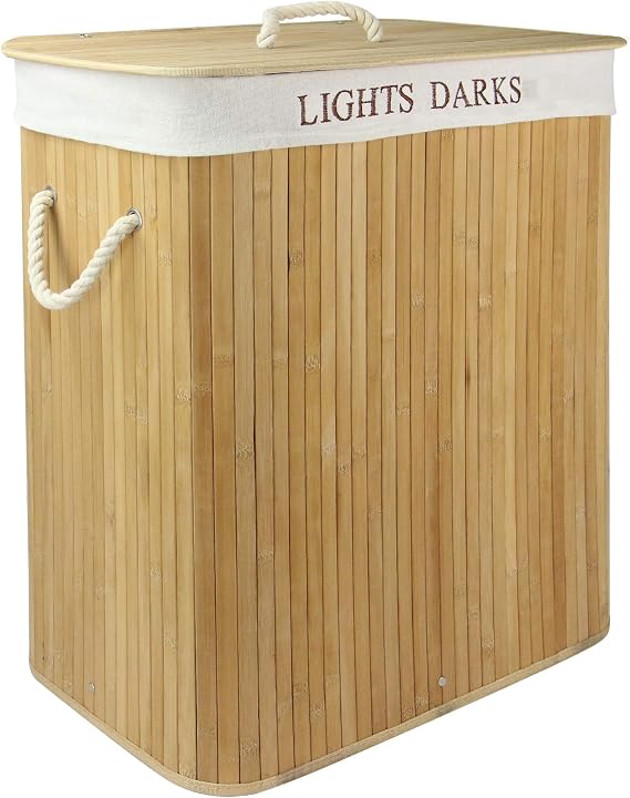 Bamboo Laundry Basket 102 L – Dual Compartment Foldable Hamper with Stronger Frame and Secure Lid – Sustainable Natural Bathroom or Bedroom Laundry Organizer | M&W