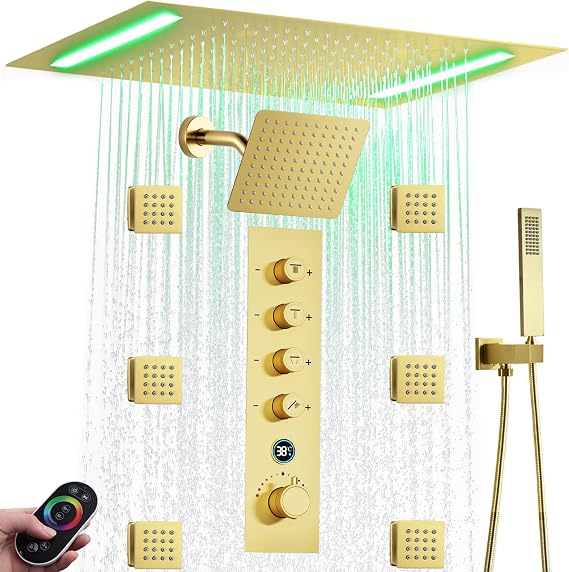 Smart Rain LED Ceiling Shower Head With Handheld Spray, Thermostatic Rainfall Shower System Fixtures Set And Body Jets For Double Bath (20X14 Inch Shower Brushed Gold)